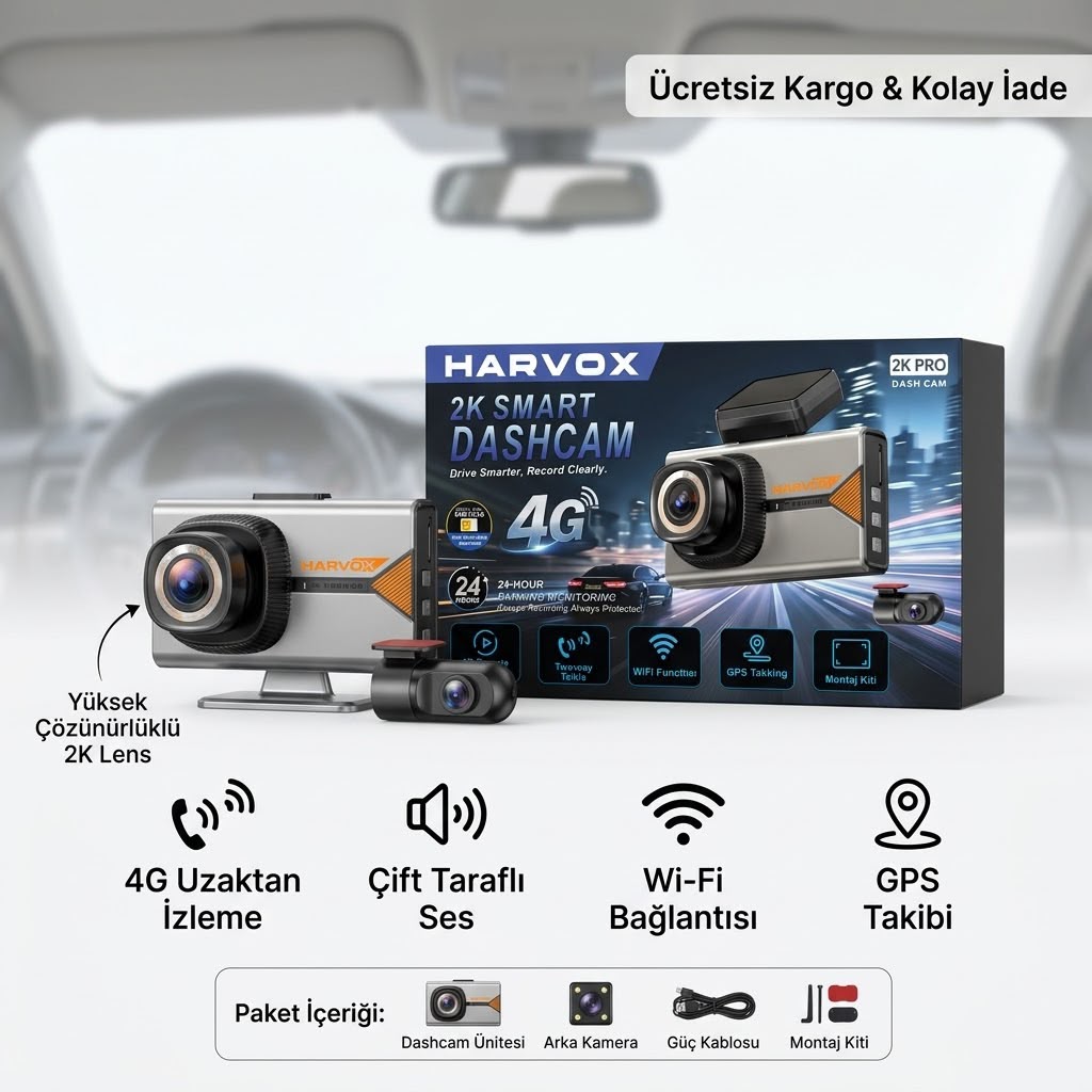 Harvox 2K Pro Akıllı Araç Kamerası - 4G SIM Kartlı, Çift Kameralı, GPS Takip & 24 Saat Park Modu