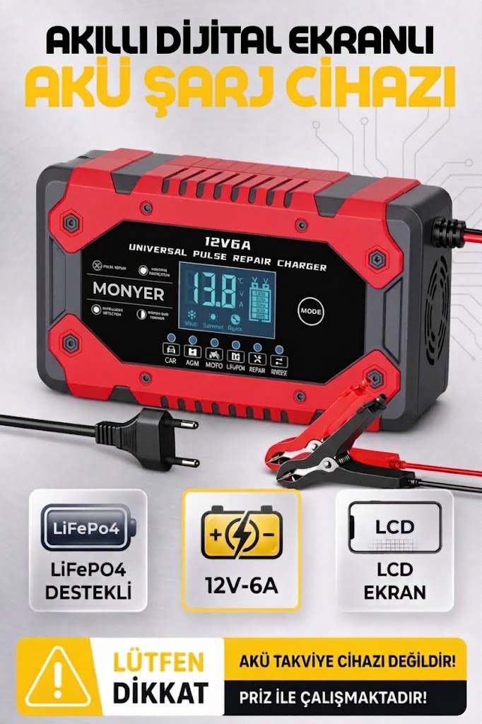12V 6A Dijital LCD Ekranlı Akıllı Akü Şarj Ve Onarım Cihazı (LiFePO4 Destekli)
