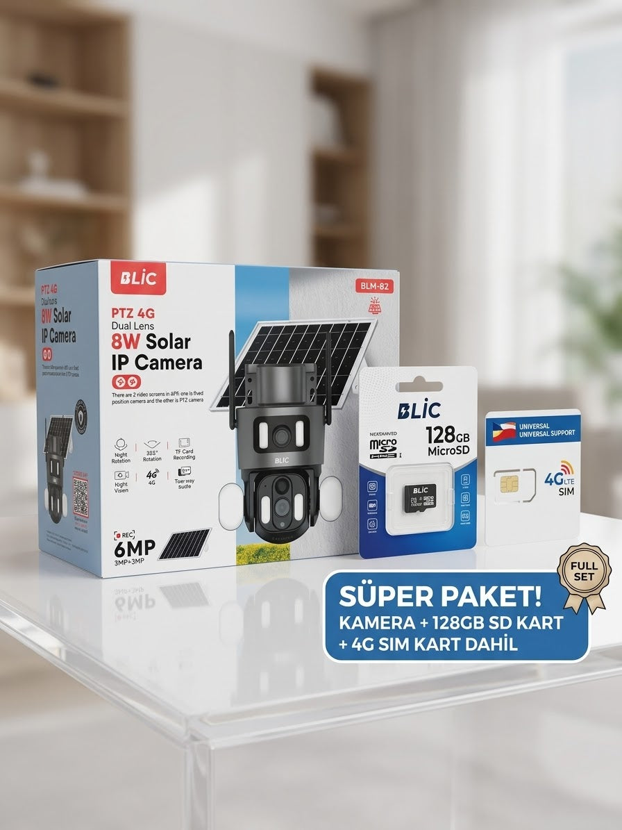 6MP 4G solar güneş panelli çift lensli kablosuz güvenlik kamerası süper paket