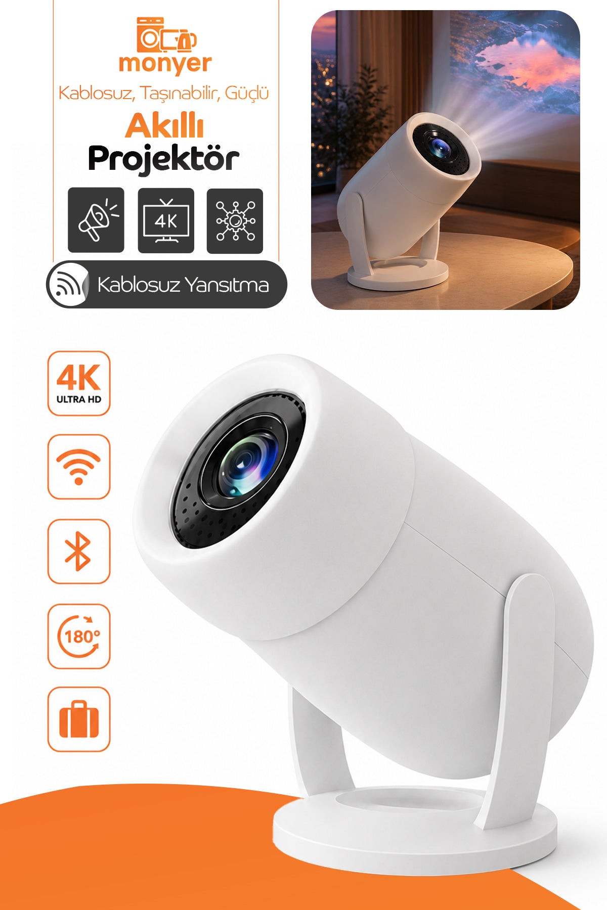 Akıllı Projeksiyon Cihazı – Kablosuz Yansıtma, 4K Destekli, 180° Döndürülebilir