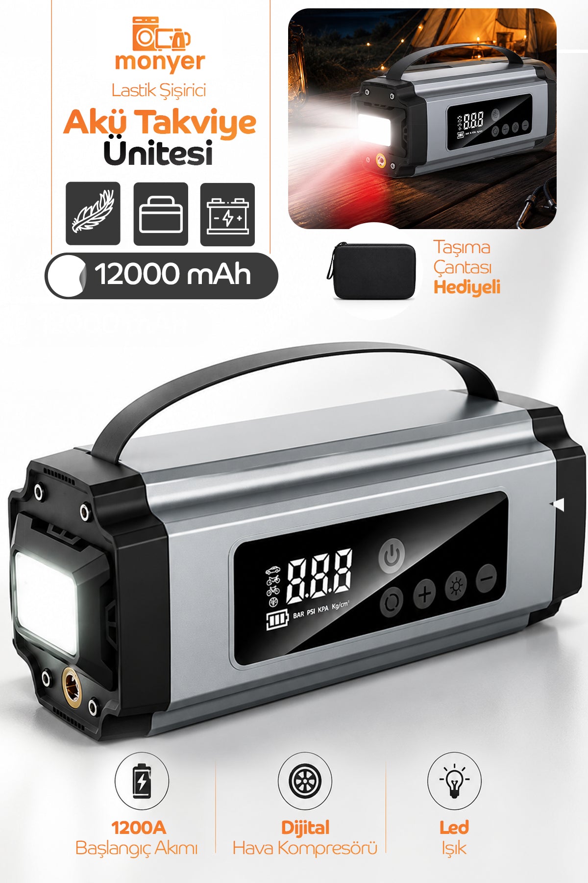 12.000 mAh 4’ü 1 Arada Akü Takviye Cihazı & Lastik Şişirici