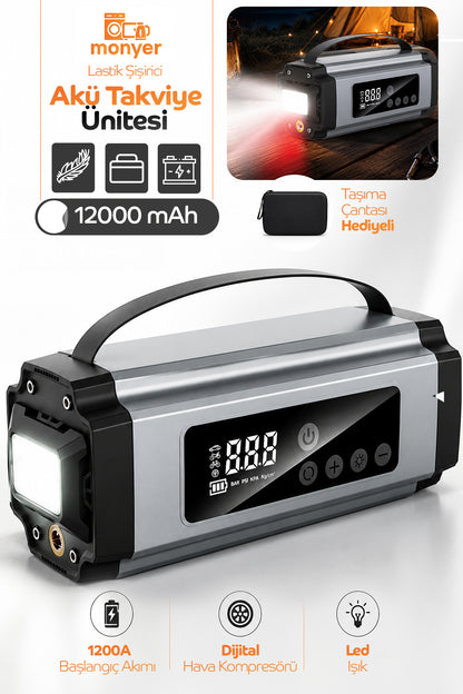 12.000 mAh 4’ü 1 Arada Akü Takviye Cihazı & Lastik Şişirici