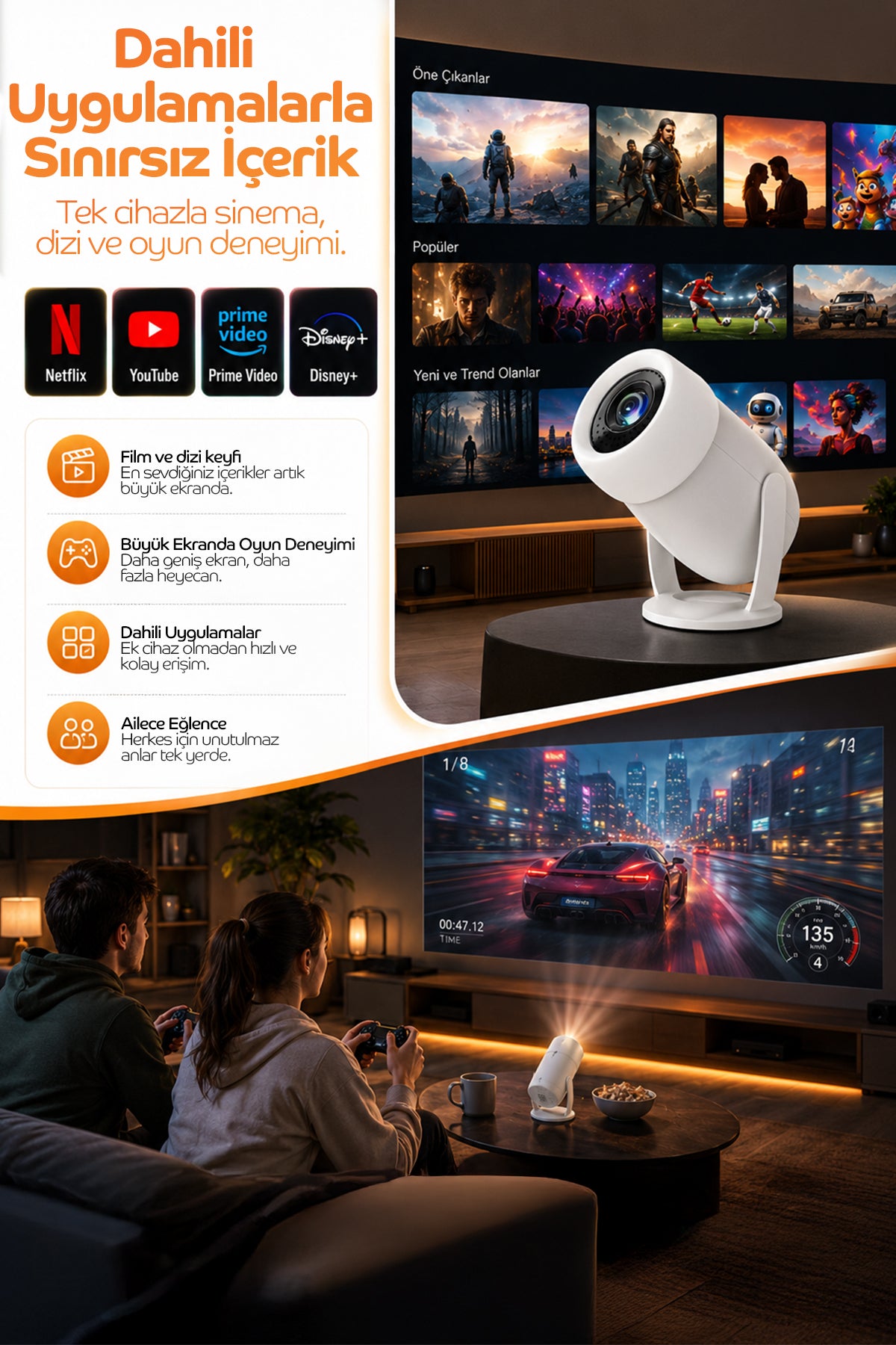 Akıllı Projeksiyon Cihazı – Kablosuz Yansıtma, 4K Destekli, 180° Döndürülebilir