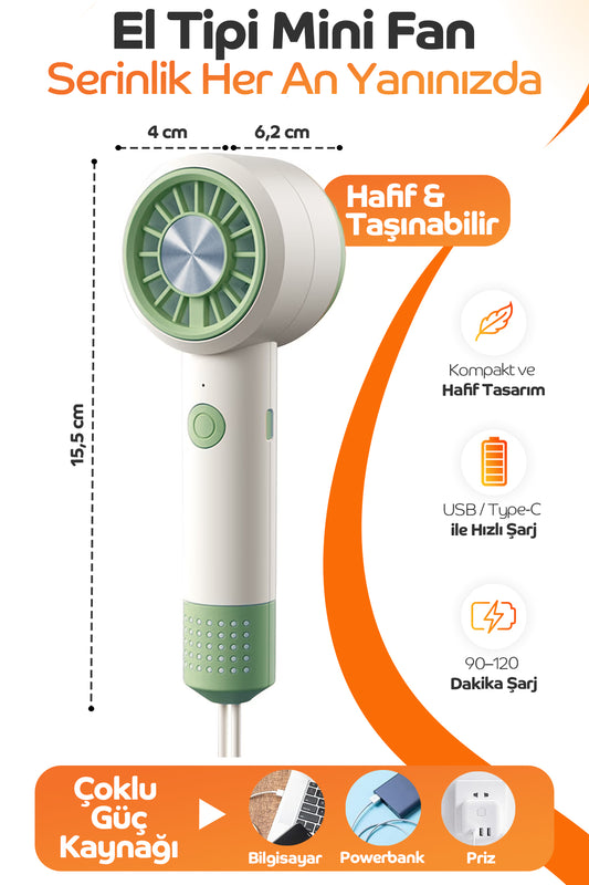 El Tipi Mini Fan – Şarjlı, 6 Kademeli Taşınabilir Serinlik