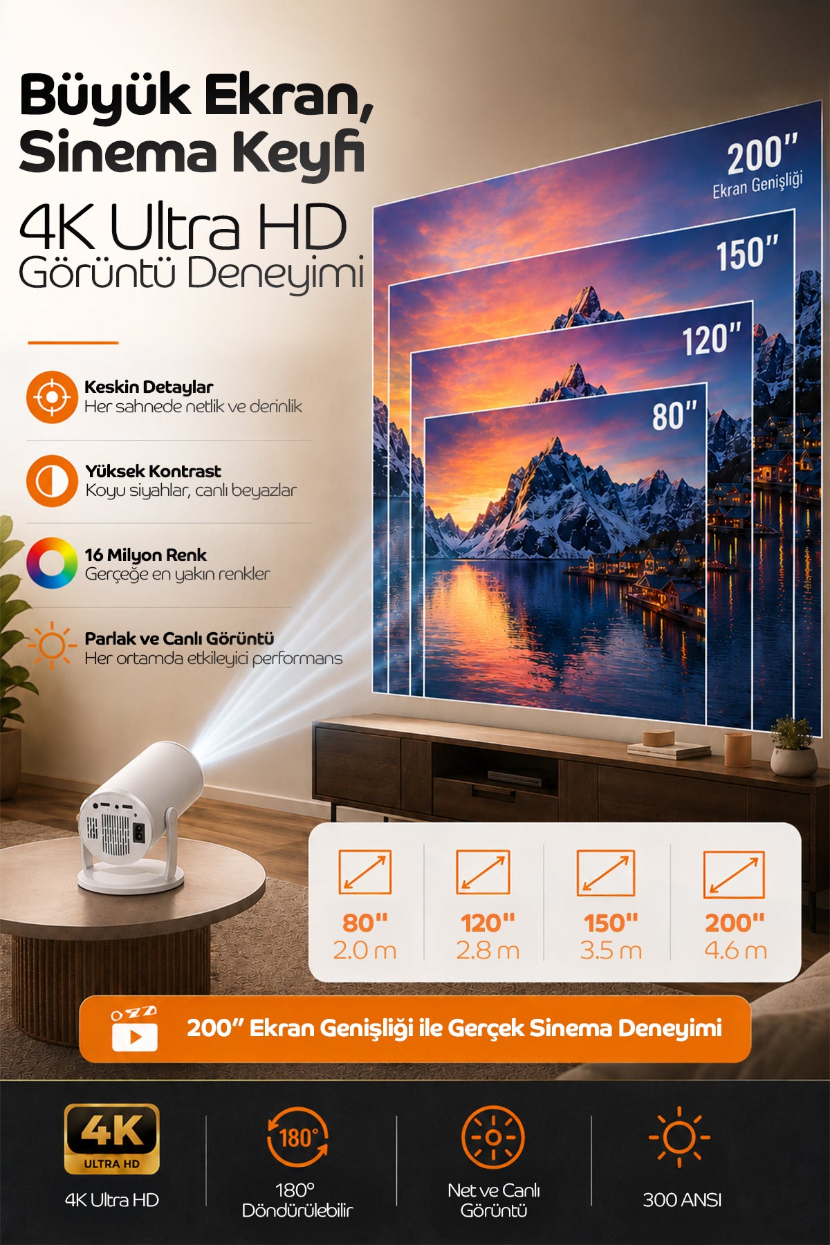 Akıllı Projeksiyon Cihazı – Kablosuz Yansıtma, 4K Destekli, 180° Döndürülebilir