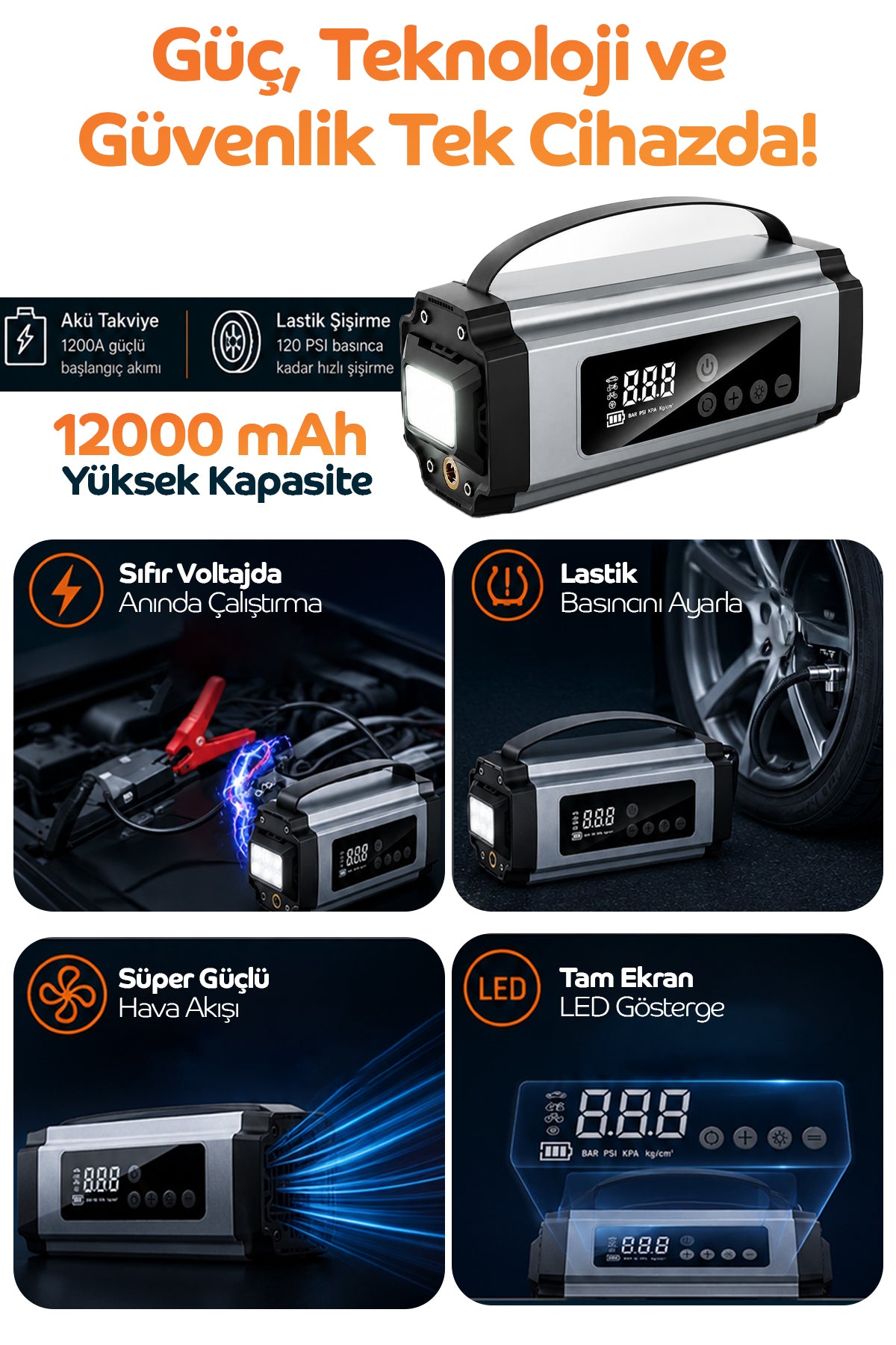 12.000 mAh 4’ü 1 Arada Akü Takviye Cihazı & Lastik Şişirici