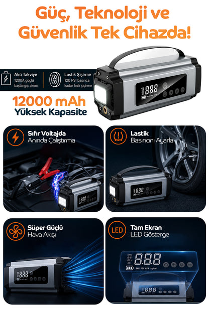 12.000 mAh 4’ü 1 Arada Akü Takviye Cihazı & Lastik Şişirici