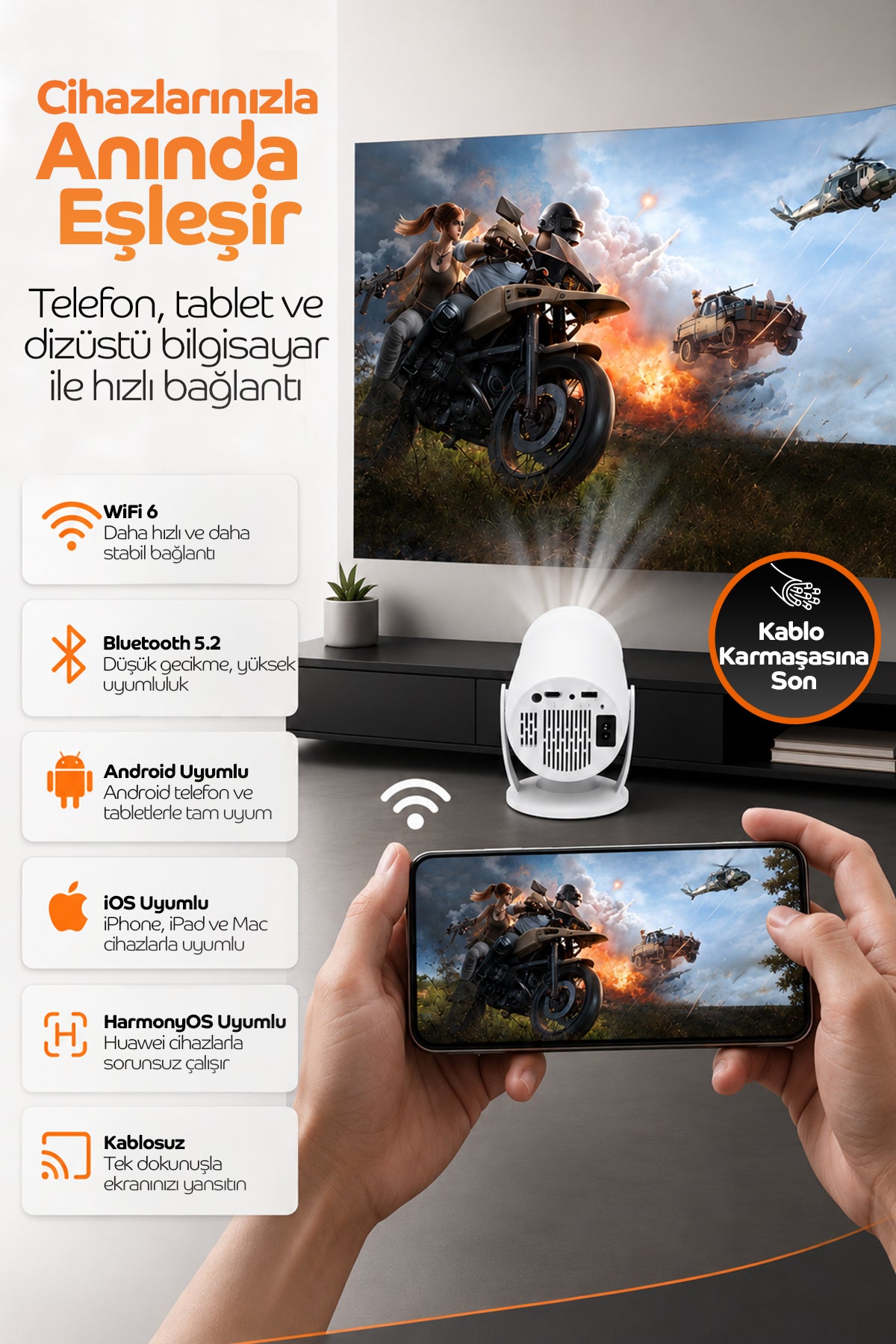 Akıllı Projeksiyon Cihazı – Kablosuz Yansıtma, 4K Destekli, 180° Döndürülebilir