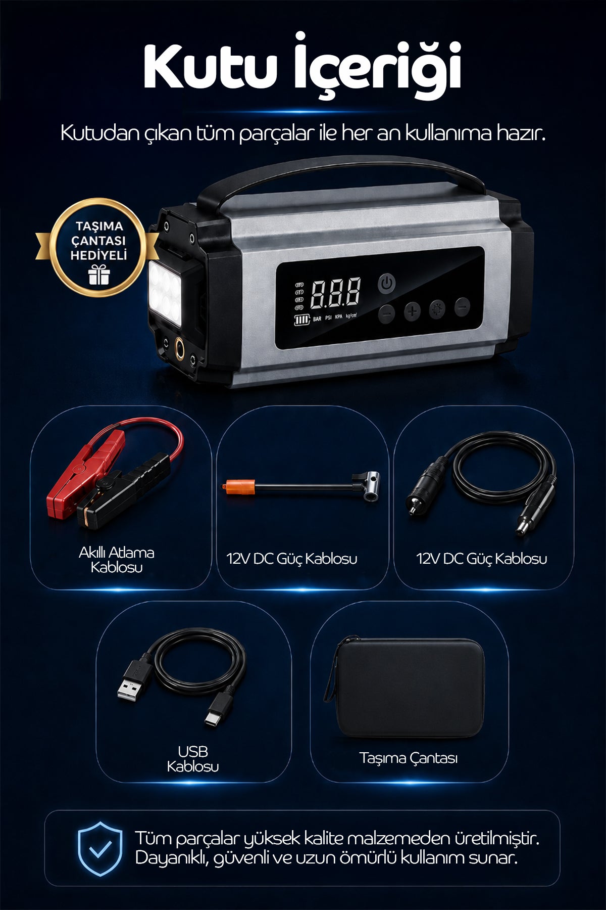 12.000 mAh 4’ü 1 Arada Akü Takviye Cihazı & Lastik Şişirici