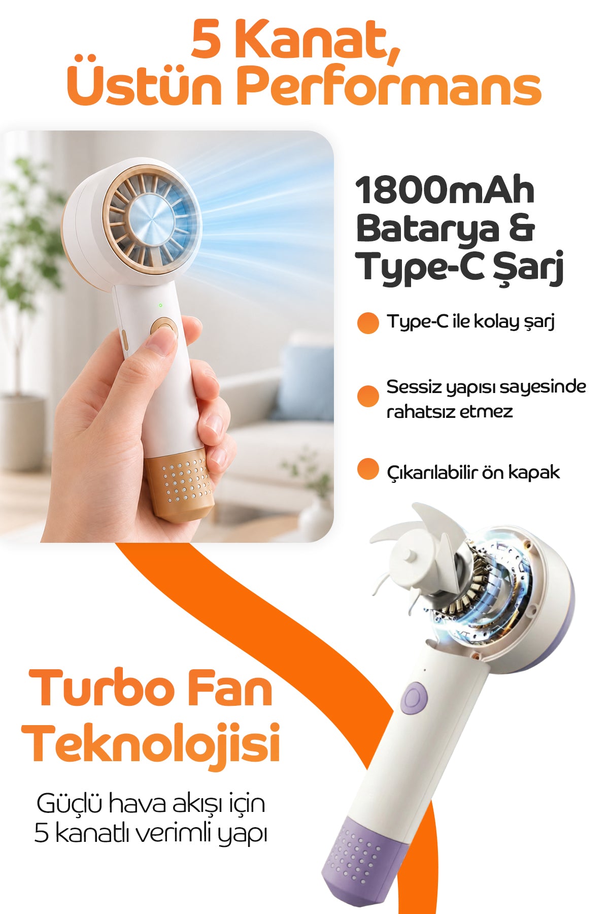 El Tipi Mini Fan – Şarjlı, 6 Kademeli Taşınabilir Serinlik