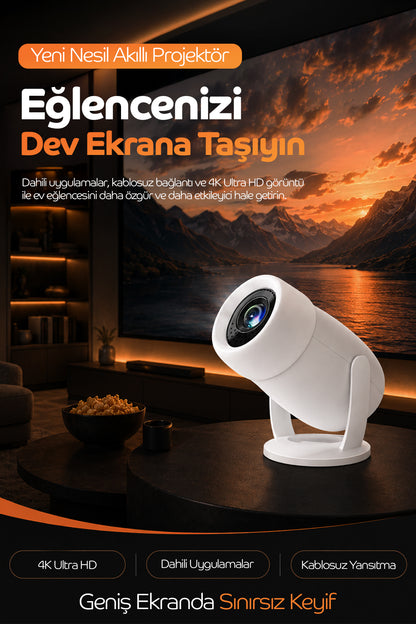 Akıllı Projeksiyon Cihazı – Kablosuz Yansıtma, 4K Destekli, 180° Döndürülebilir