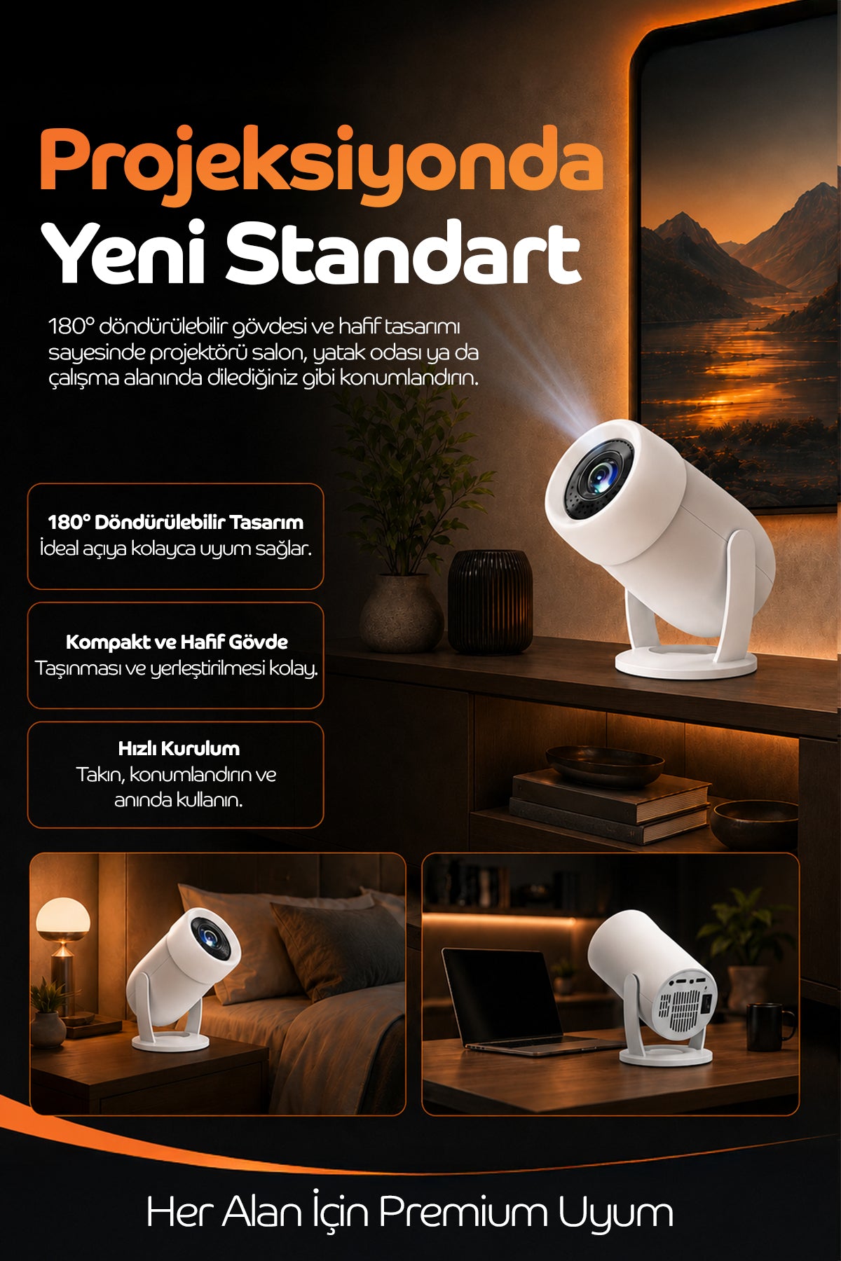 Akıllı Projeksiyon Cihazı – Kablosuz Yansıtma, 4K Destekli, 180° Döndürülebilir