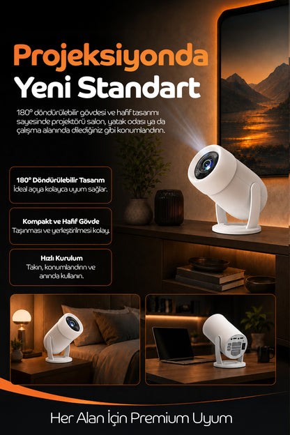 Akıllı Projeksiyon Cihazı – Kablosuz Yansıtma, 4K Destekli, 180° Döndürülebilir