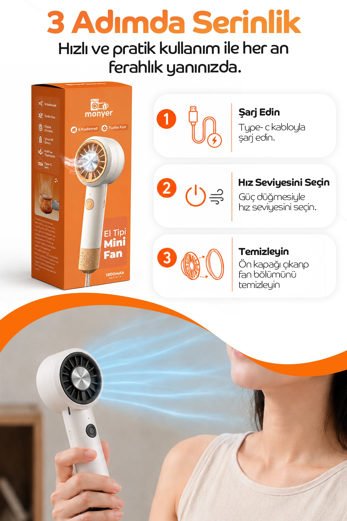 El Tipi Mini Fan – Şarjlı, 6 Kademeli Taşınabilir Serinlik