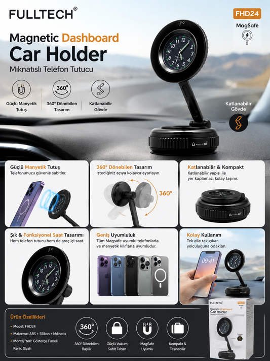 FULLTECH FHD24 MagSafe uyumlu mıknatıslı araç telefon tutucu