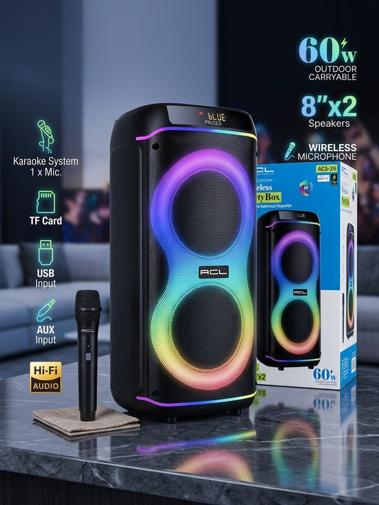 ACL ACS-26 Wireless PartyBox 60W RGB Işıklı Kablosuz Hoparlör + Kablosuz Mikrofonlu Karaoke Sistemi (8" x 2)