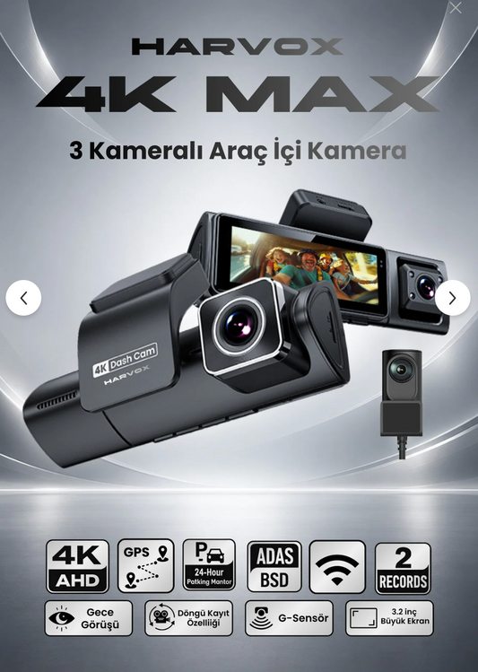 Araç İçi Kamera 4K HD Görüntü WiFi GPS ADAS Özellikli Yapay Zekalı 24 Saat Çalışma Gece Görüşlü G-Sensör