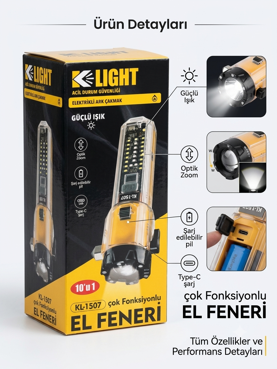 KL-1507 10'u 1 Arada Çok Fonksiyonlu Şarj Edilebilir El Feneri