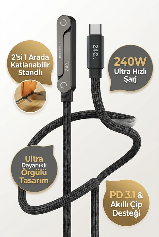 FULLTECH FC161 2'si 1 Arada Katlanabilir Standlı 240W USB-C to USB-C Ultra Hızlı Şarj ve Veri Kablosu - 1.2M