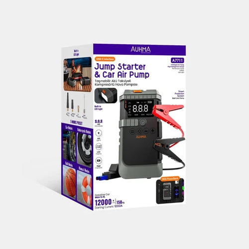 Şarjlı 12.000 Mah Taşınabilir Çantalı Araç Akü Şarj Takviyeli Işıklı Hava Kompresörü 4'ü 1 Arada Powerbank, Jump Starter