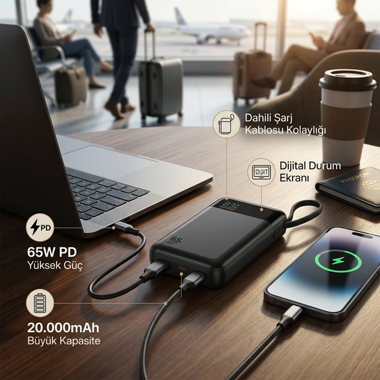 FP42 - 20.000mAh 65W LCD Göstergeli 2x Dahili USB-C Kablolu Powerbank