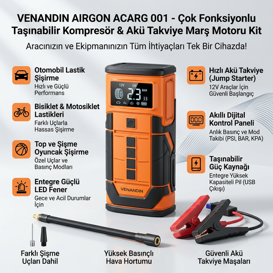 Airgon ACARG 001 - Çok Fonksiyonlu Taşınabilir Kompresör & Akü Takviye Marş Motoru Kit