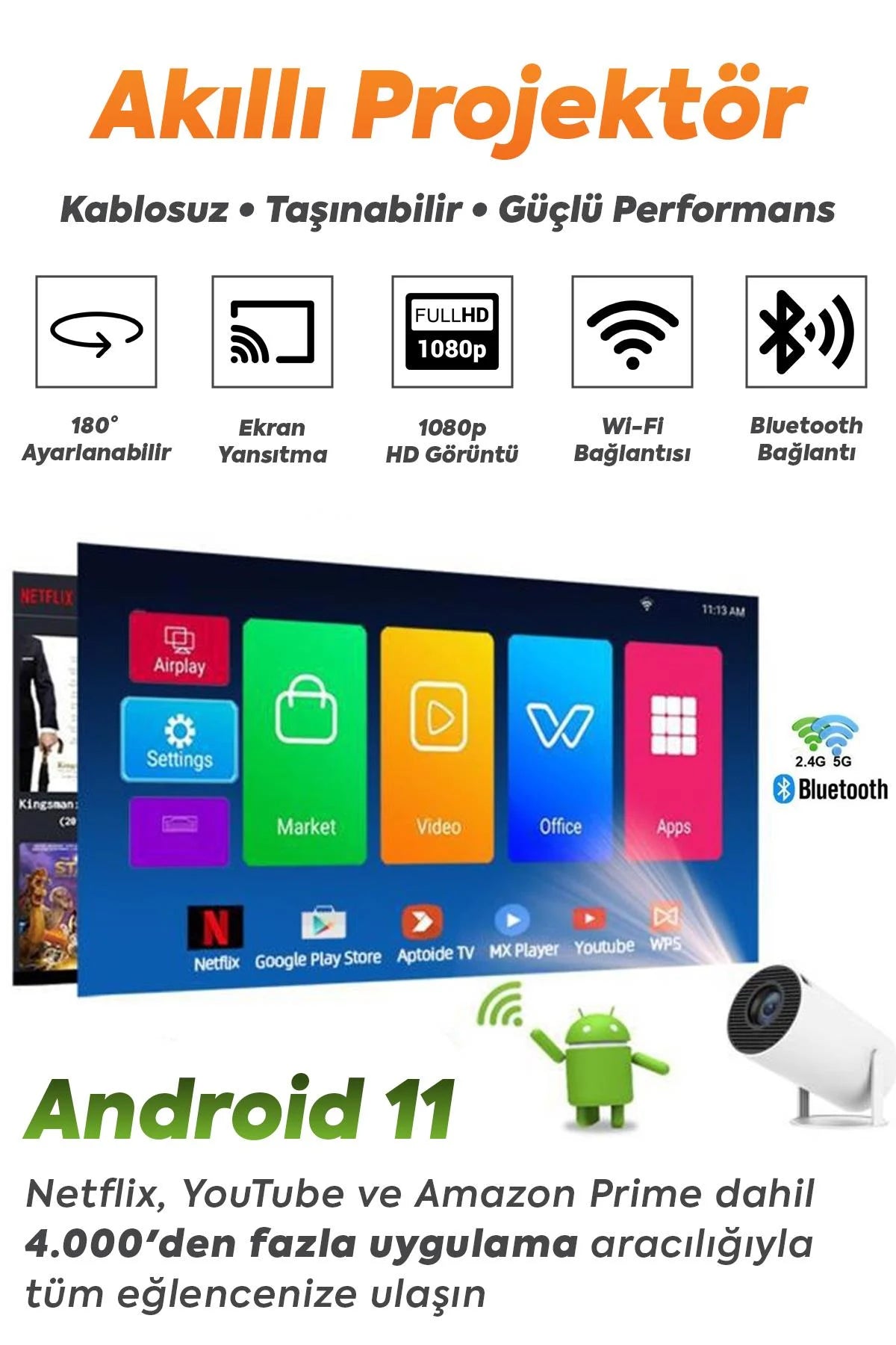Taşınabilir Akıllı Projeksiyon Cihazı Wifi ve Bluetooth Android Tabanlı