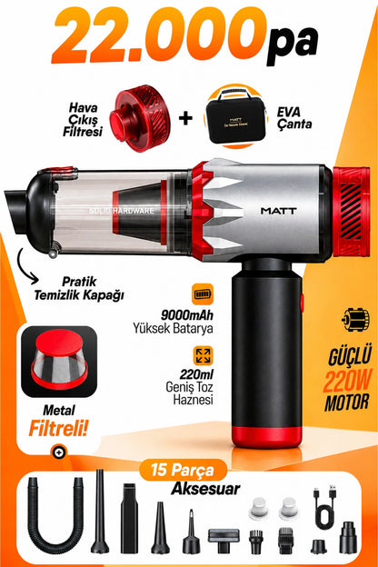 22.000 PASCAL 9000MAH Güçlü Bataryalı Araç Süpürgesi 22.000PA Kablosuz Şarjlı El Tipi 220W Vakum & Üfleme